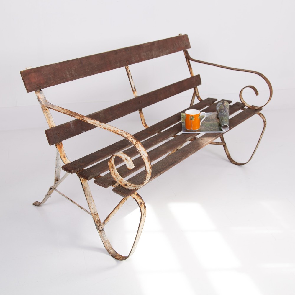 Edwardian Wrought Iron and Slatted Wood Garden Seat View XIII