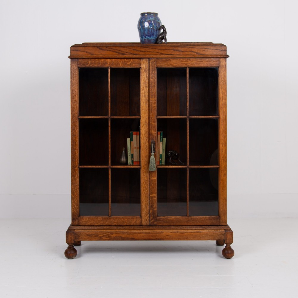 Handsome English Oak Glazed Bookcase Cabinet C1920