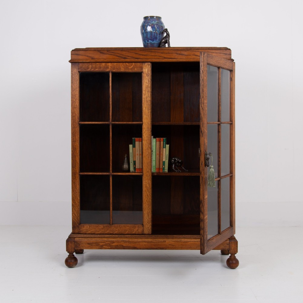 Handsome English Oak Glazed Bookcase Cabinet C1920 View III