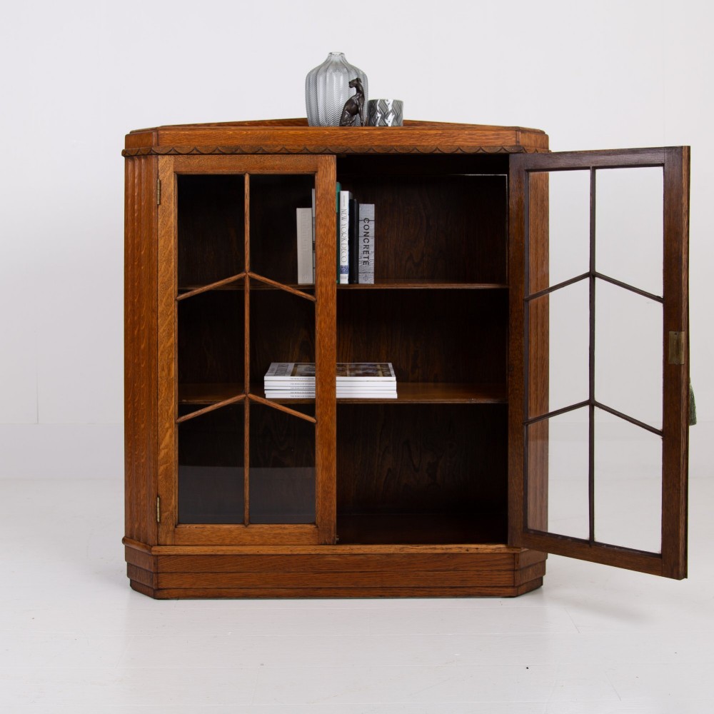 Art Deco Golden Oak Glazed Bookcase Cabinet C1930 View VIII