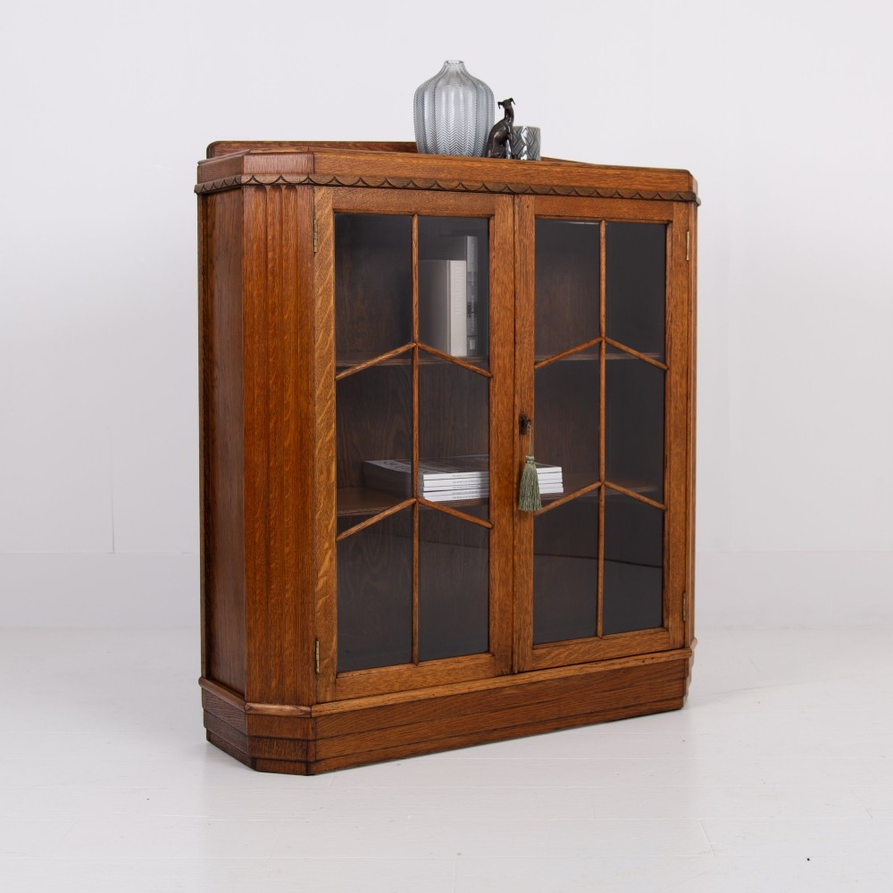 Art Deco Golden Oak Glazed Bookcase Cabinet C1930 View XIV