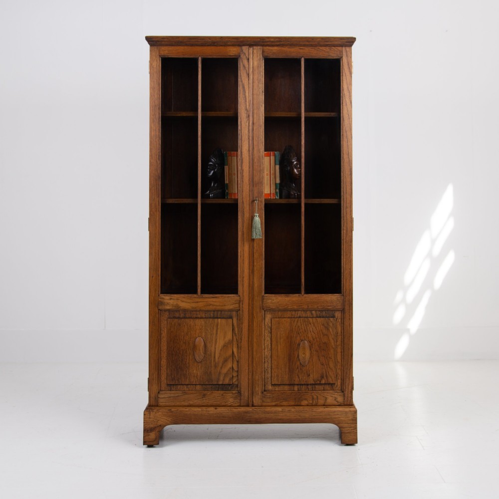Solid English Oak Glazed Bookcase Cabinet C1920s
