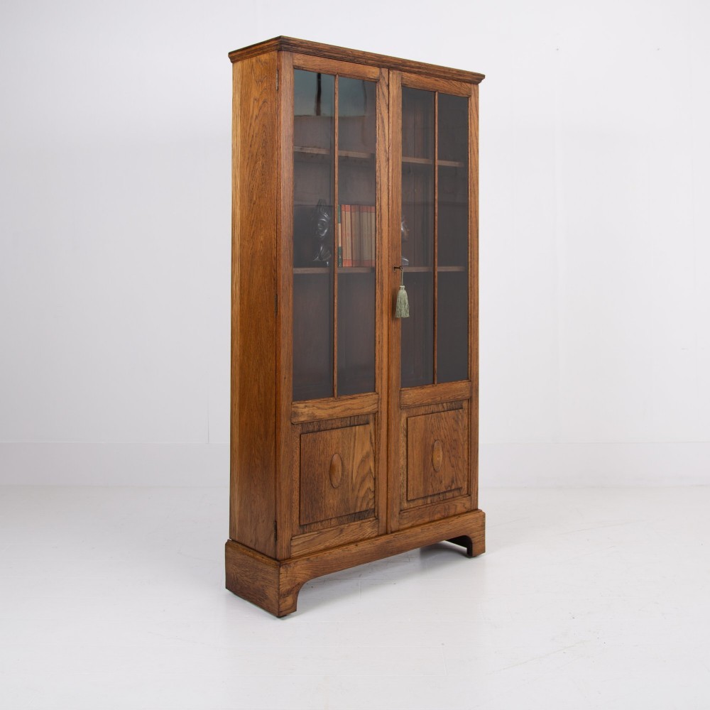 Solid English Oak Glazed Bookcase Cabinet C1920s View II