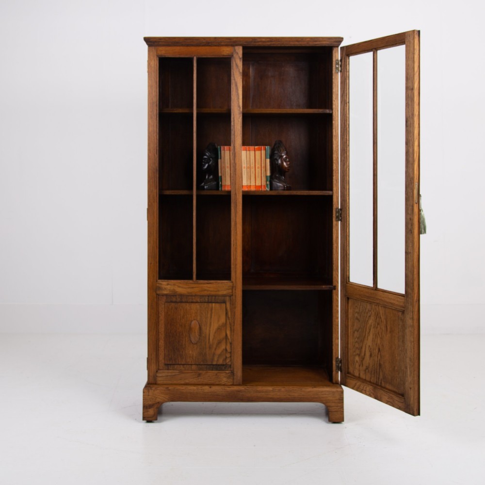Solid English Oak Glazed Bookcase Cabinet C1920s View IV