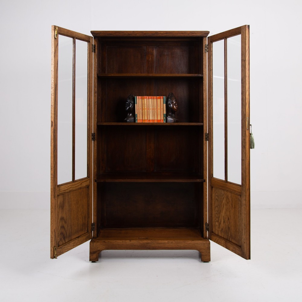 Solid English Oak Glazed Bookcase Cabinet C1920s View IX