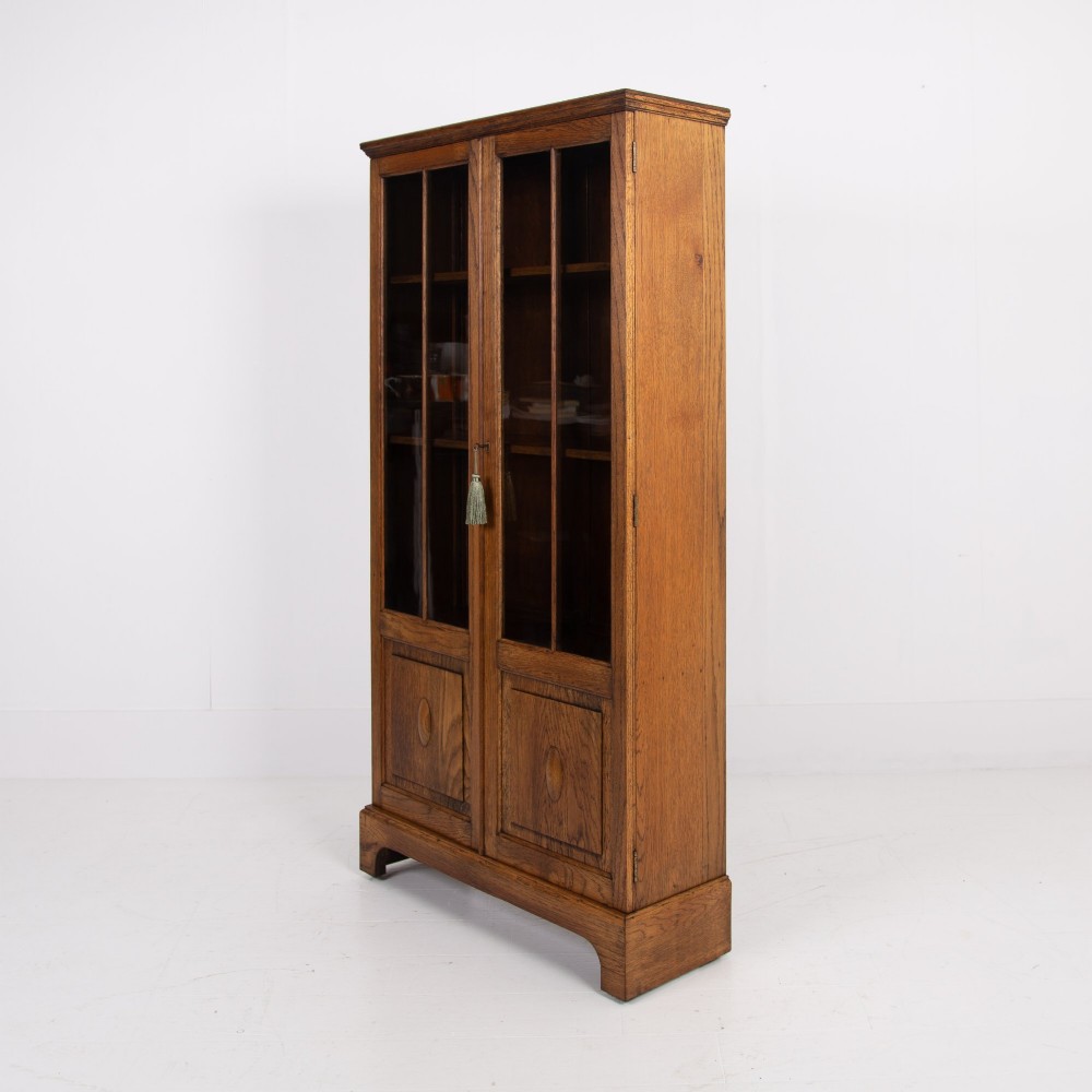 Solid English Oak Glazed Bookcase Cabinet C1920s View XI