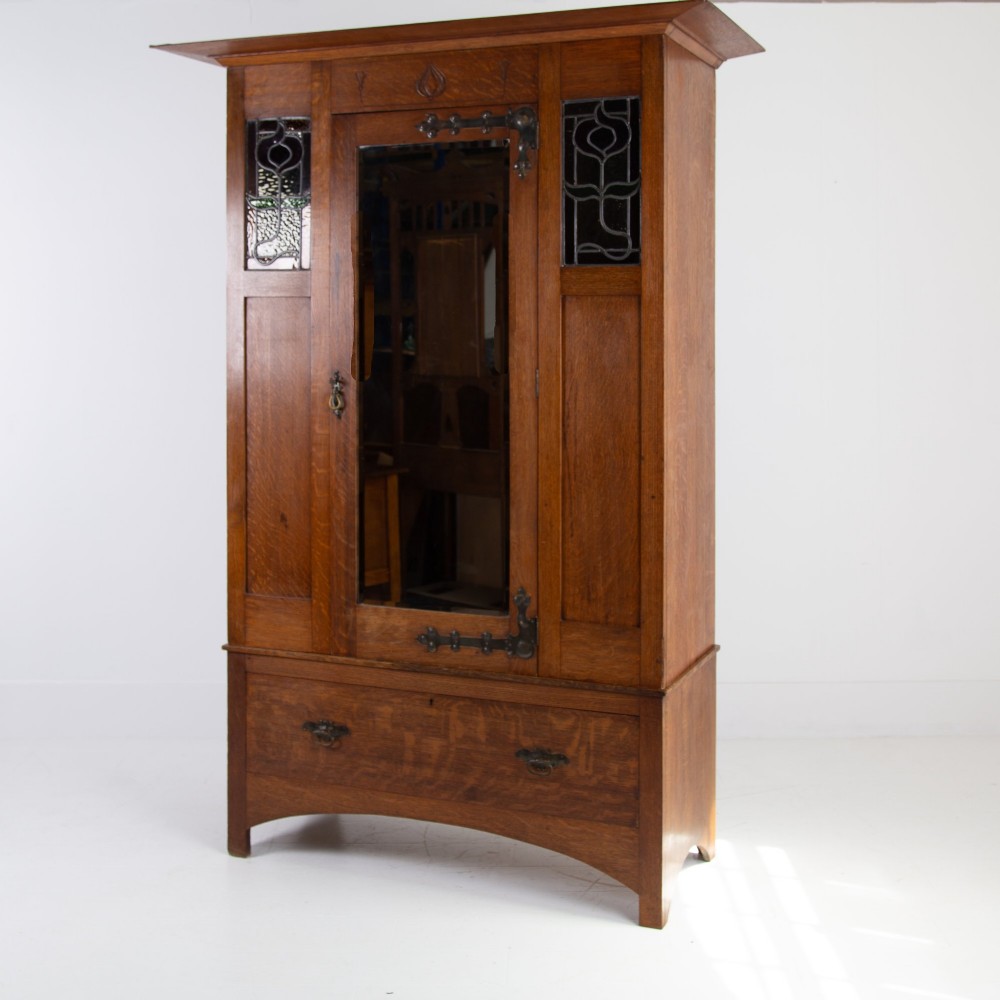 Attractive Golden Oak Arts and Crafts Wardrobe 1910