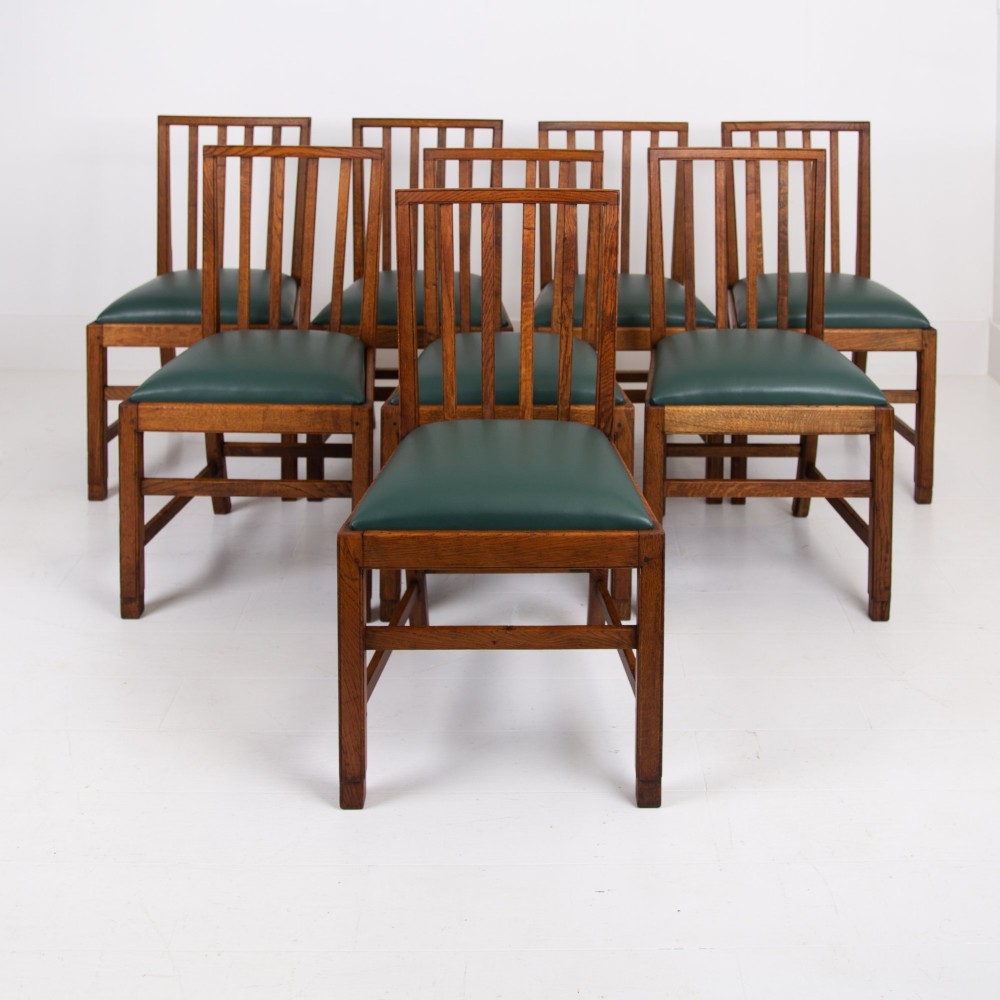 Set of 8 Gordon Russell Arts & Crafts Golden Oak Chairs 1930s View II