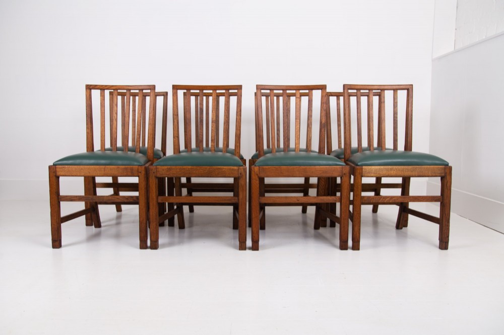 Set of 8 Gordon Russell Arts & Crafts Golden Oak Chairs 1930s View III