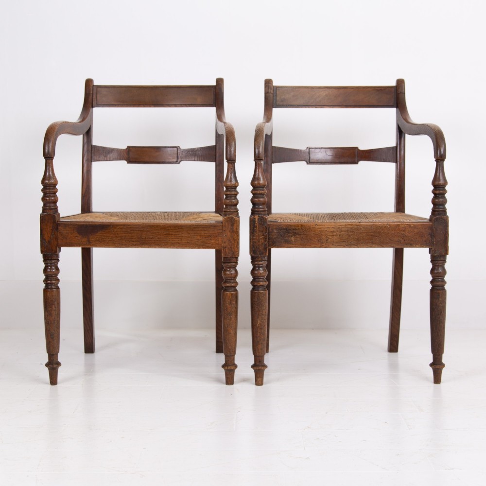 Pair Georgian Oak Country Elbow Chairs 1820s
