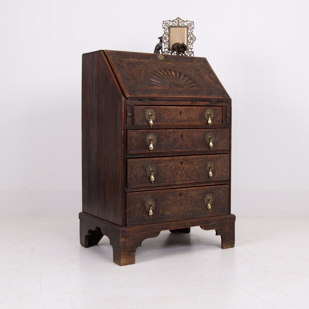 Highly Decorative Victorian 4 Drawer Oak Bureau 1890 View II