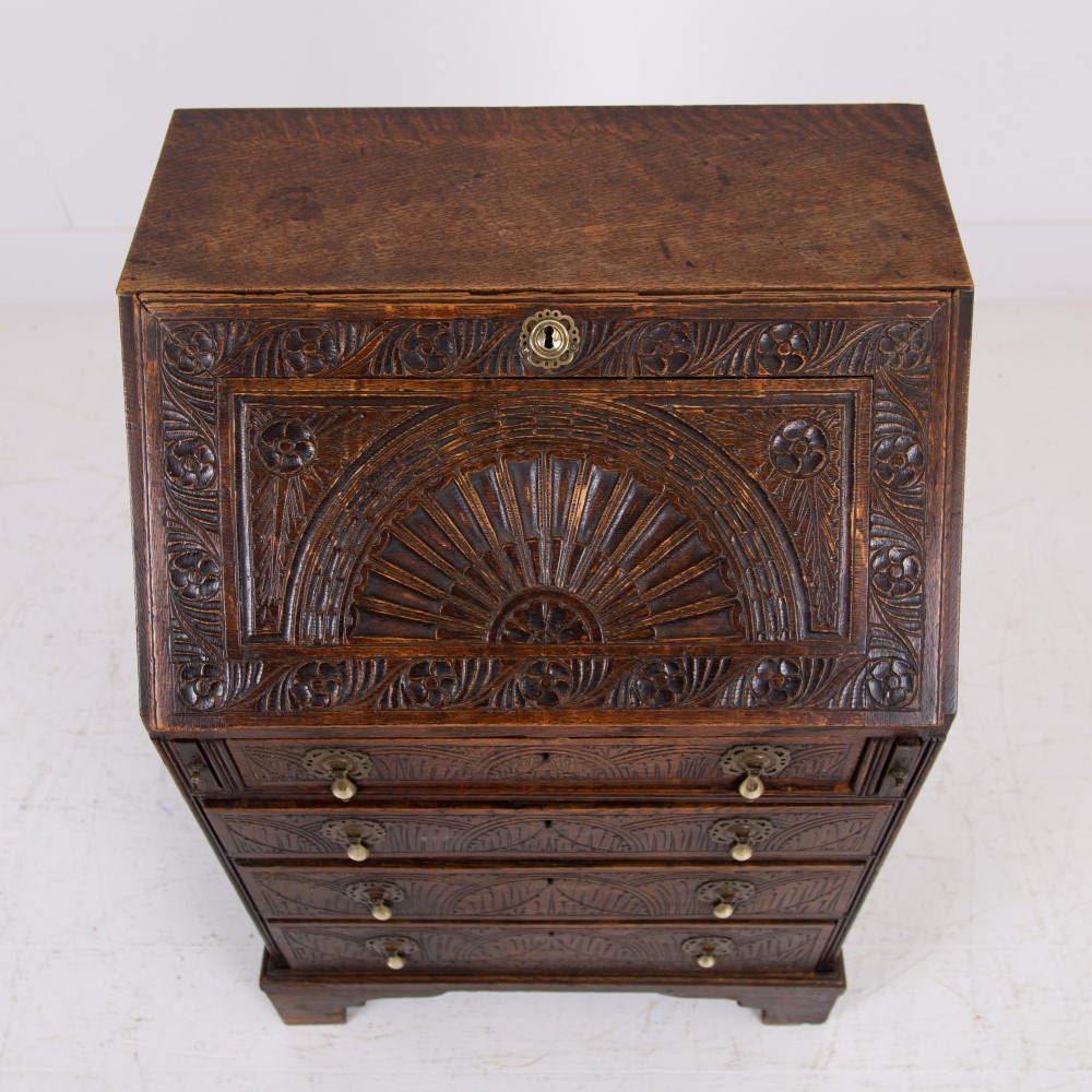 Highly Decorative Victorian 4 Drawer Oak Bureau 1890 View V