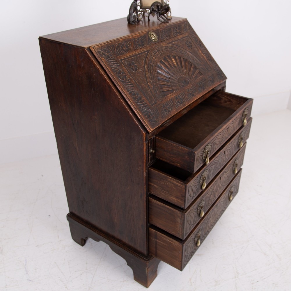 Highly Decorative Victorian 4 Drawer Oak Bureau 1890 View VI