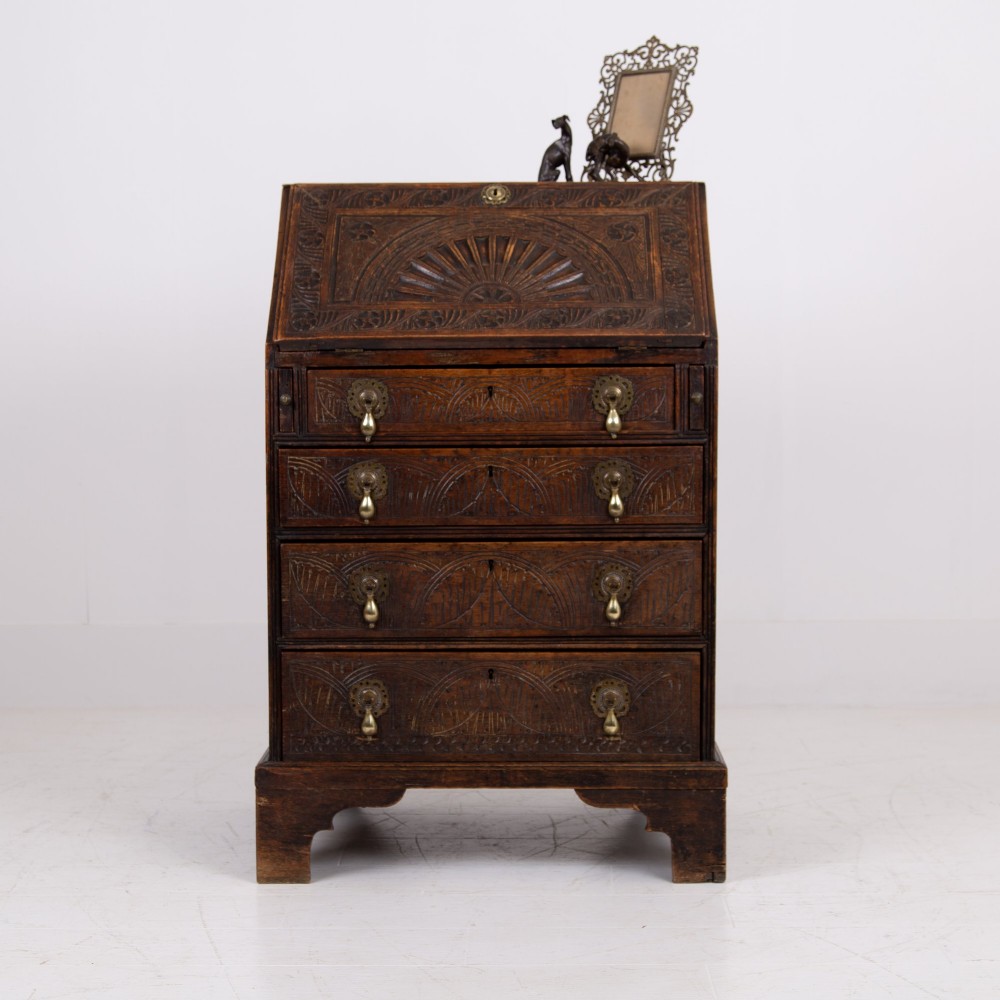 Highly Decorative Victorian 4 Drawer Oak Bureau 1890 View VII