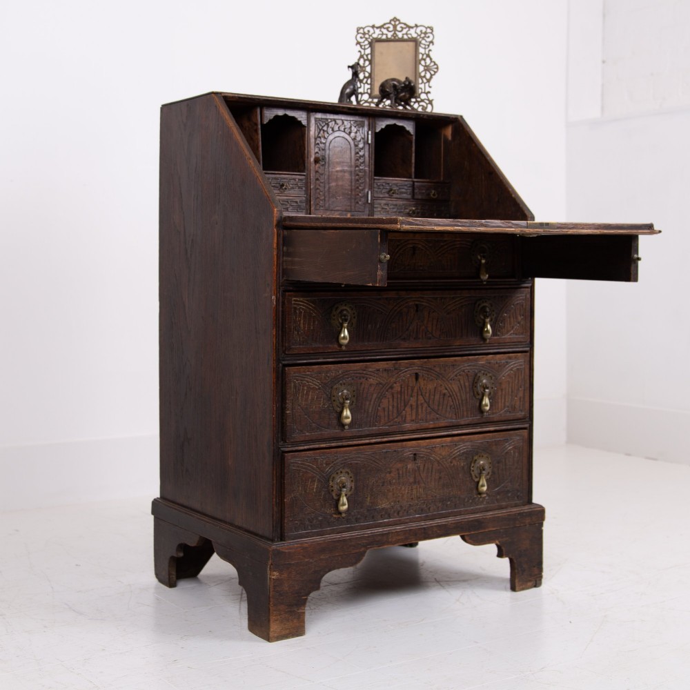Highly Decorative Victorian 4 Drawer Oak Bureau 1890 View VIII
