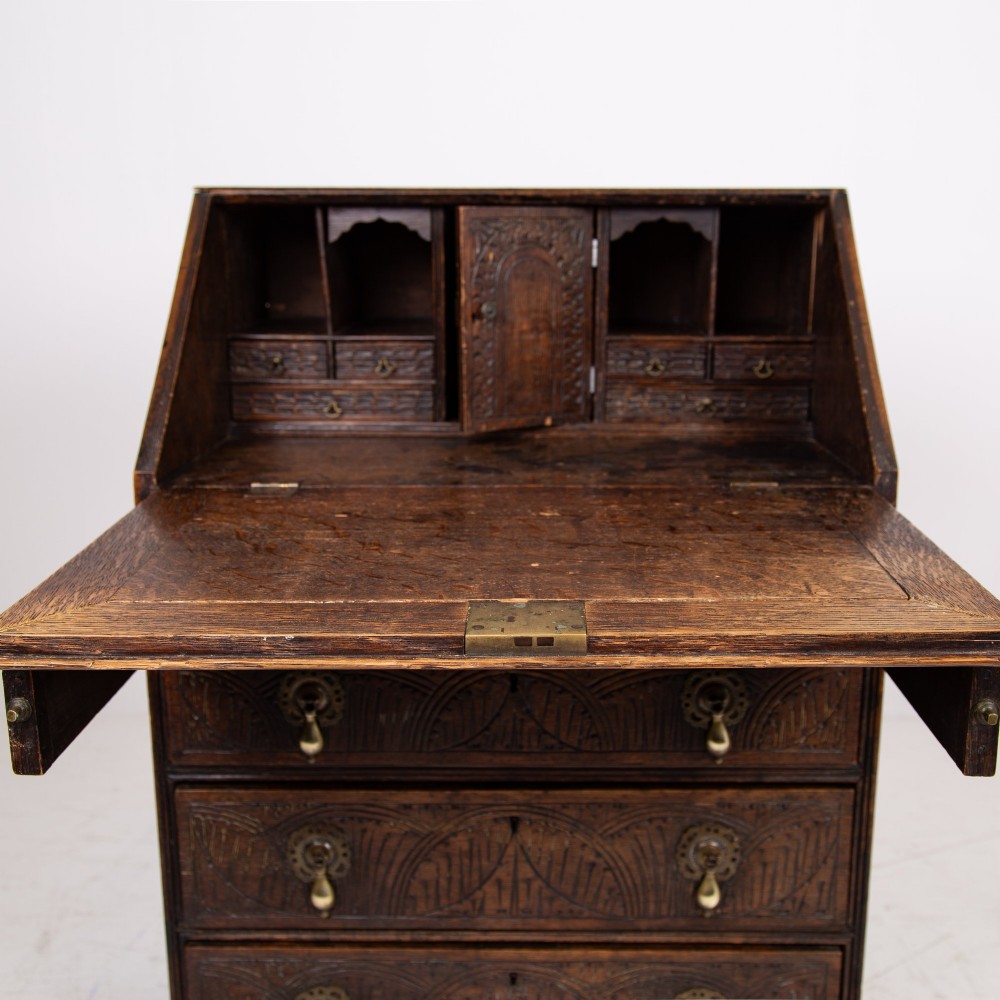 Highly Decorative Victorian 4 Drawer Oak Bureau 1890 View IX