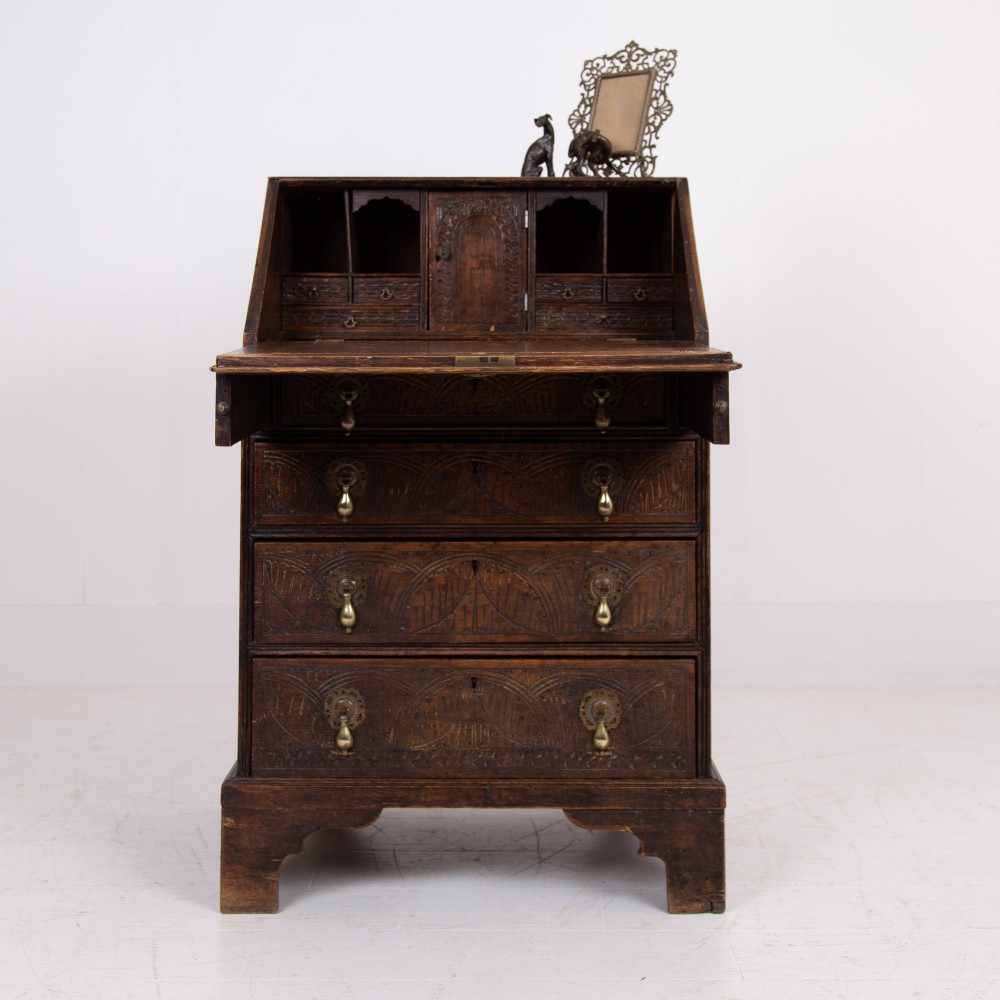 Highly Decorative Victorian 4 Drawer Oak Bureau 1890 View XI