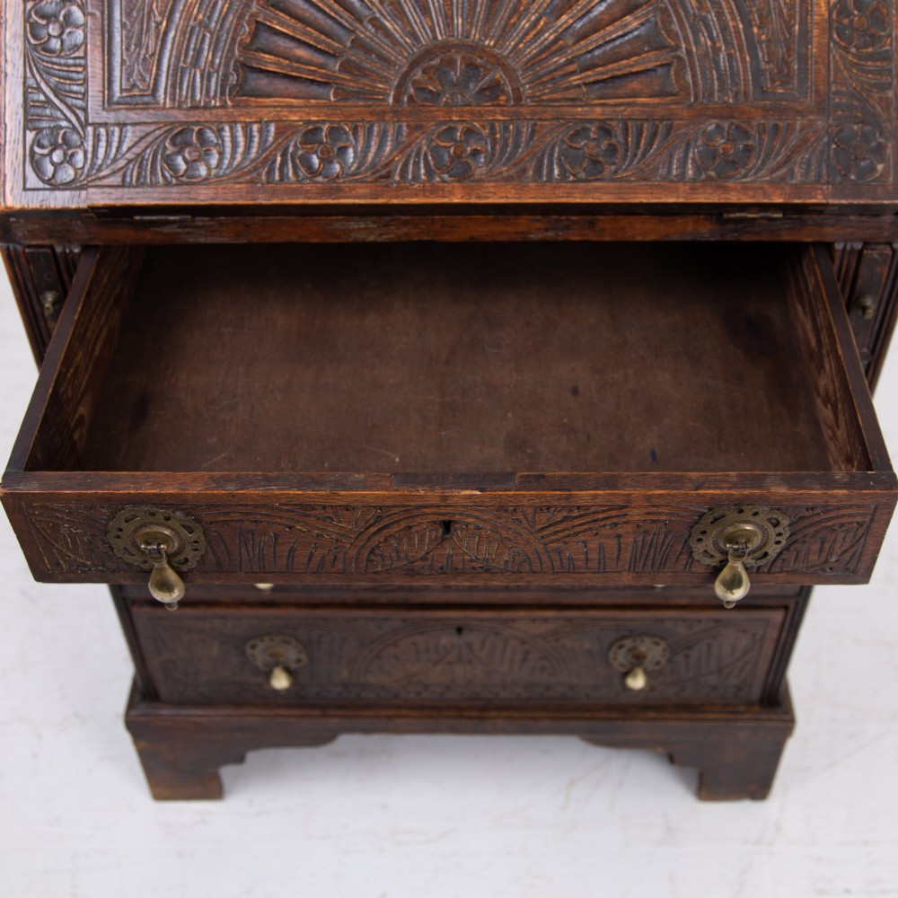 Highly Decorative Victorian 4 Drawer Oak Bureau 1890 View XII