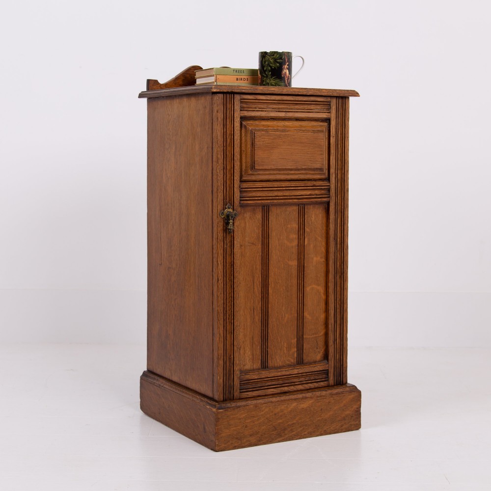 A slim Victorian oak pot cupboard featuring a single panelled door with a small brass latch, resting on a solid plinth base with a gallery top. View XII