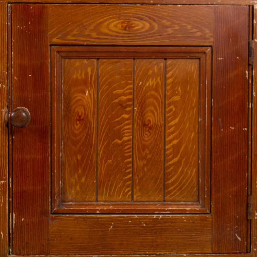 A Victorian scumble-painted pine kitchen dresser with three drawers, a cupboard door, turned knobs, and a galleried splashback shelf. View XII