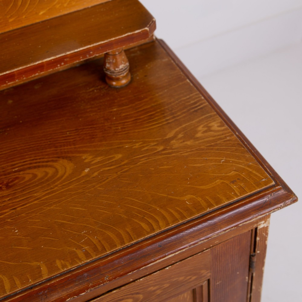 A Victorian scumble-painted pine kitchen dresser with three drawers, a cupboard door, turned knobs, and a galleried splashback shelf. View XIII