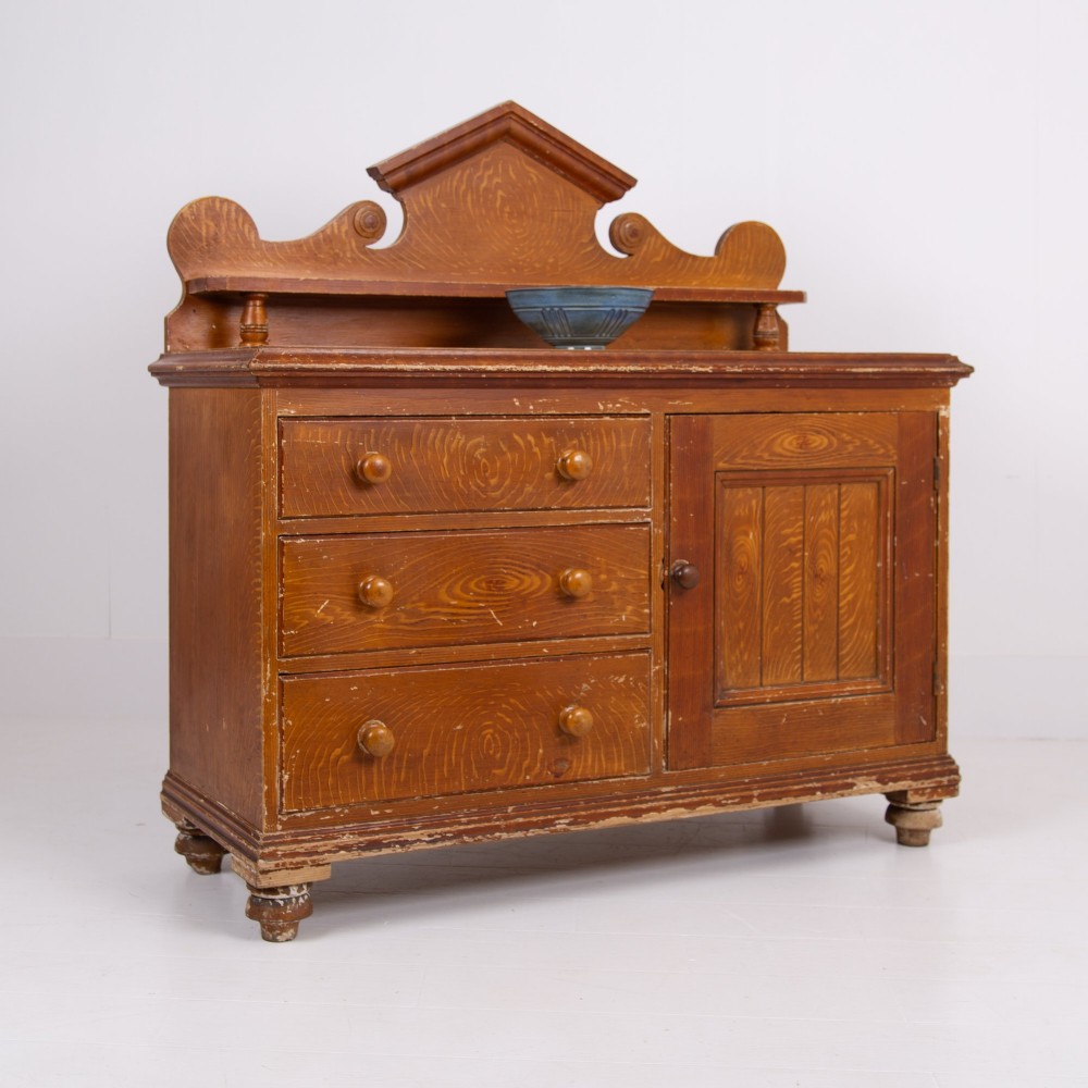 A Victorian scumble-painted pine kitchen dresser with three drawers, a cupboard door, turned knobs, and a galleried splashback shelf. View XIV