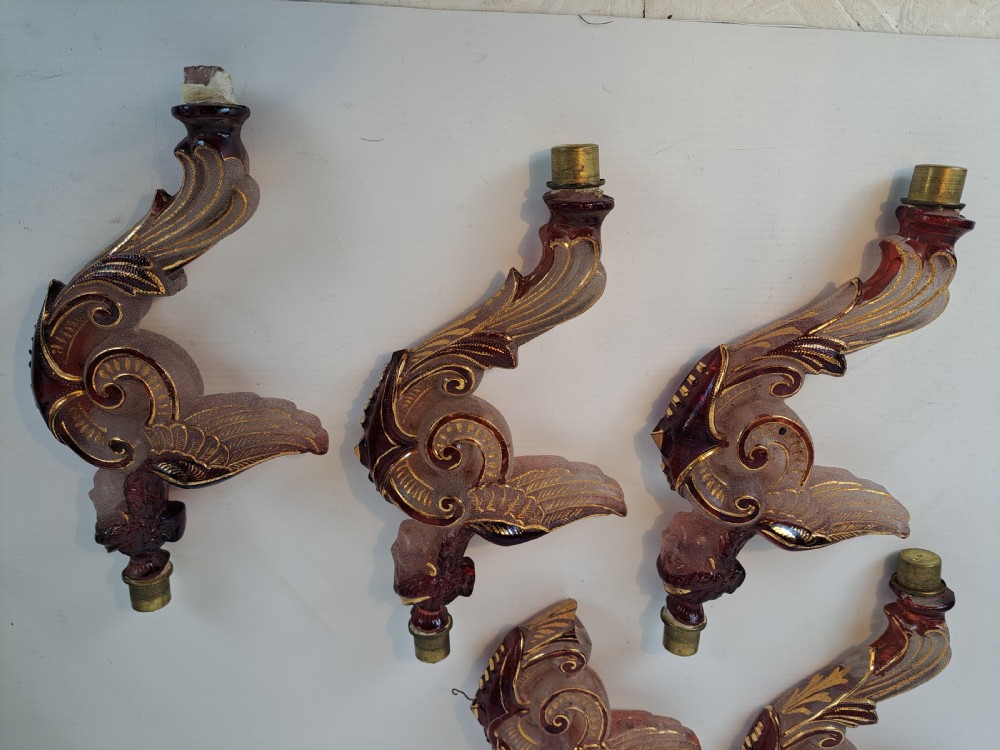 Set of five 19th-century Bohemian ruby and frosted glass chandelier arms shaped like winged forms with gilded scroll accents. View II