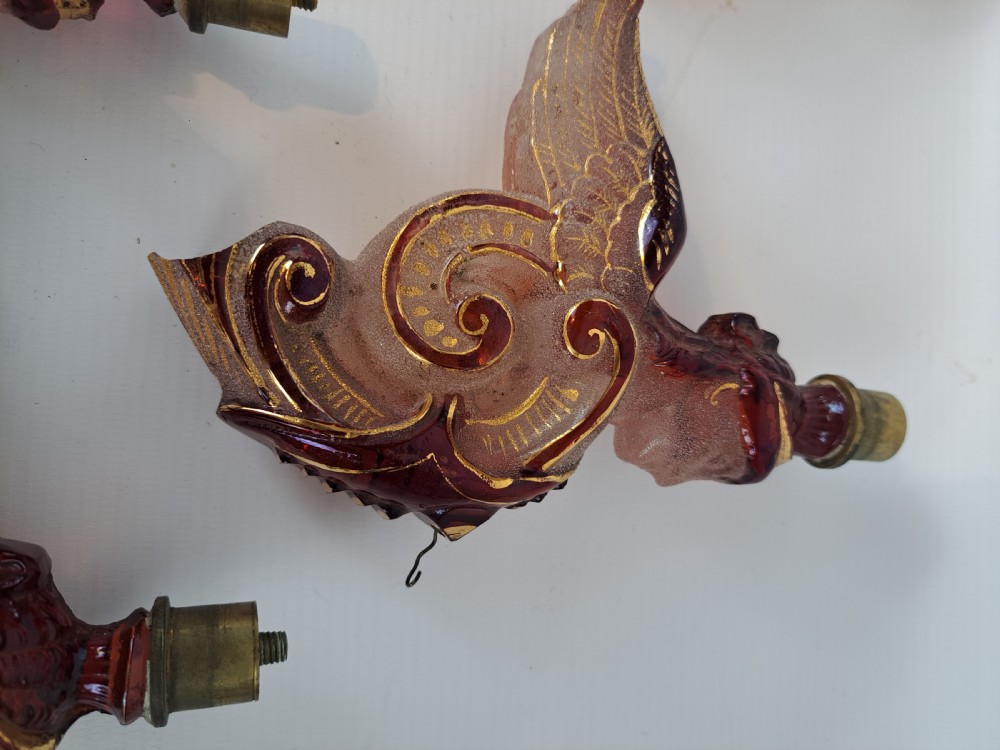 Set of five 19th-century Bohemian ruby and frosted glass chandelier arms shaped like winged forms with gilded scroll accents. View III