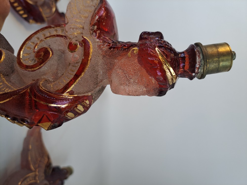 Set of five 19th-century Bohemian ruby and frosted glass chandelier arms shaped like winged forms with gilded scroll accents. View IV