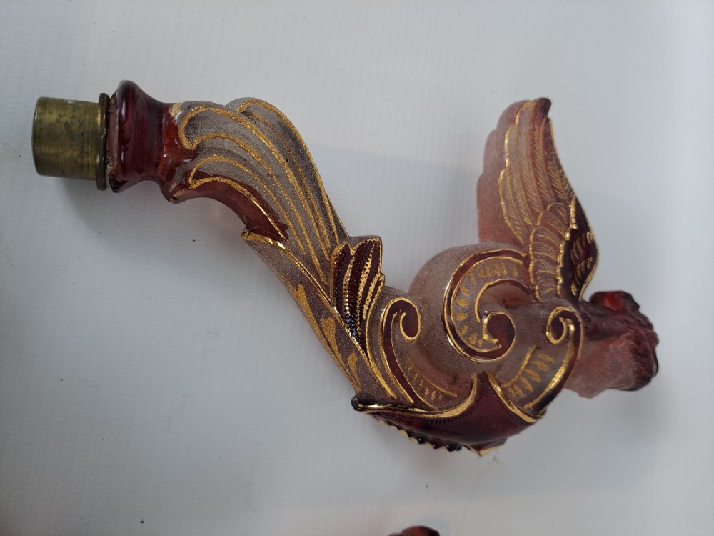 Set of five 19th-century Bohemian ruby and frosted glass chandelier arms shaped like winged forms with gilded scroll accents. View V