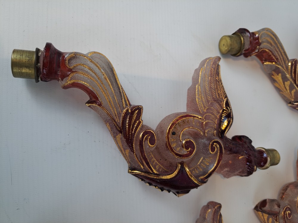 Set of five 19th-century Bohemian ruby and frosted glass chandelier arms shaped like winged forms with gilded scroll accents. View VI