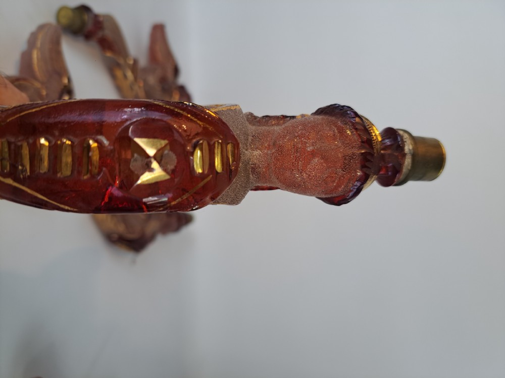 Set of five 19th-century Bohemian ruby and frosted glass chandelier arms shaped like winged forms with gilded scroll accents. View VII