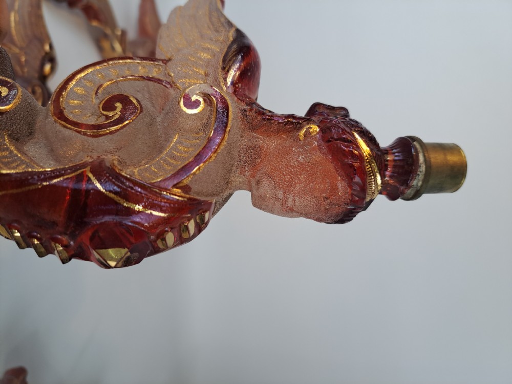 Set of five 19th-century Bohemian ruby and frosted glass chandelier arms shaped like winged forms with gilded scroll accents. View VIII