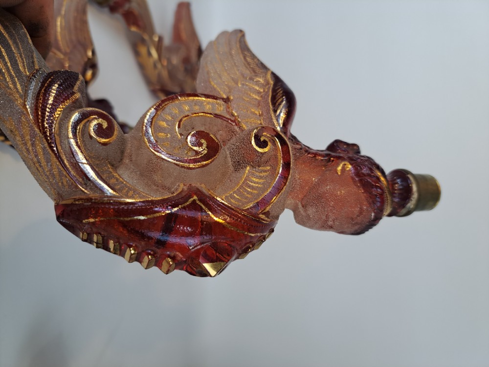 Set of five 19th-century Bohemian ruby and frosted glass chandelier arms shaped like winged forms with gilded scroll accents. View IX