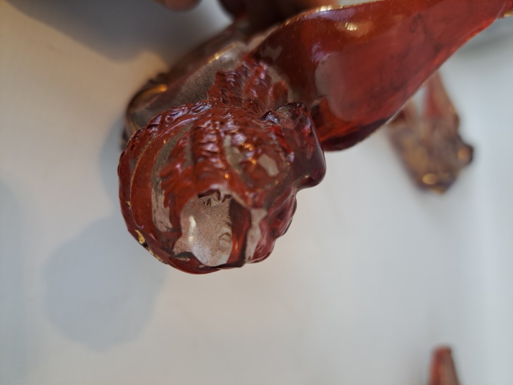 Set of five 19th-century Bohemian ruby and frosted glass chandelier arms shaped like winged forms with gilded scroll accents. View XII