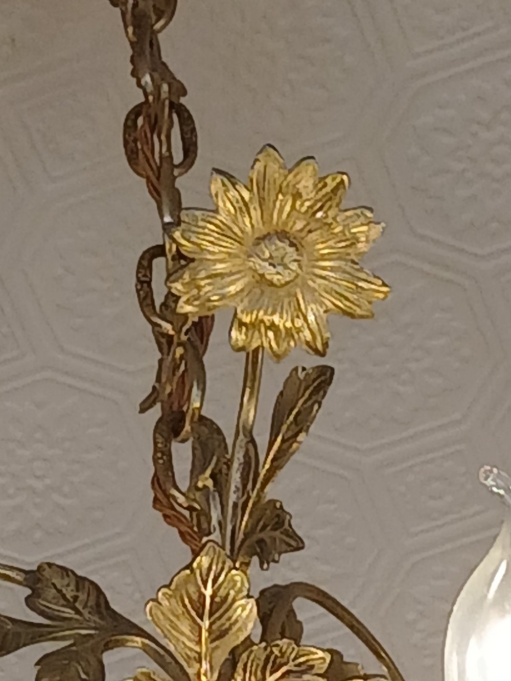 A French gilt bronze chandelier featuring leaf and floral motifs arranged in a basket form with candle bulb sockets. View XI