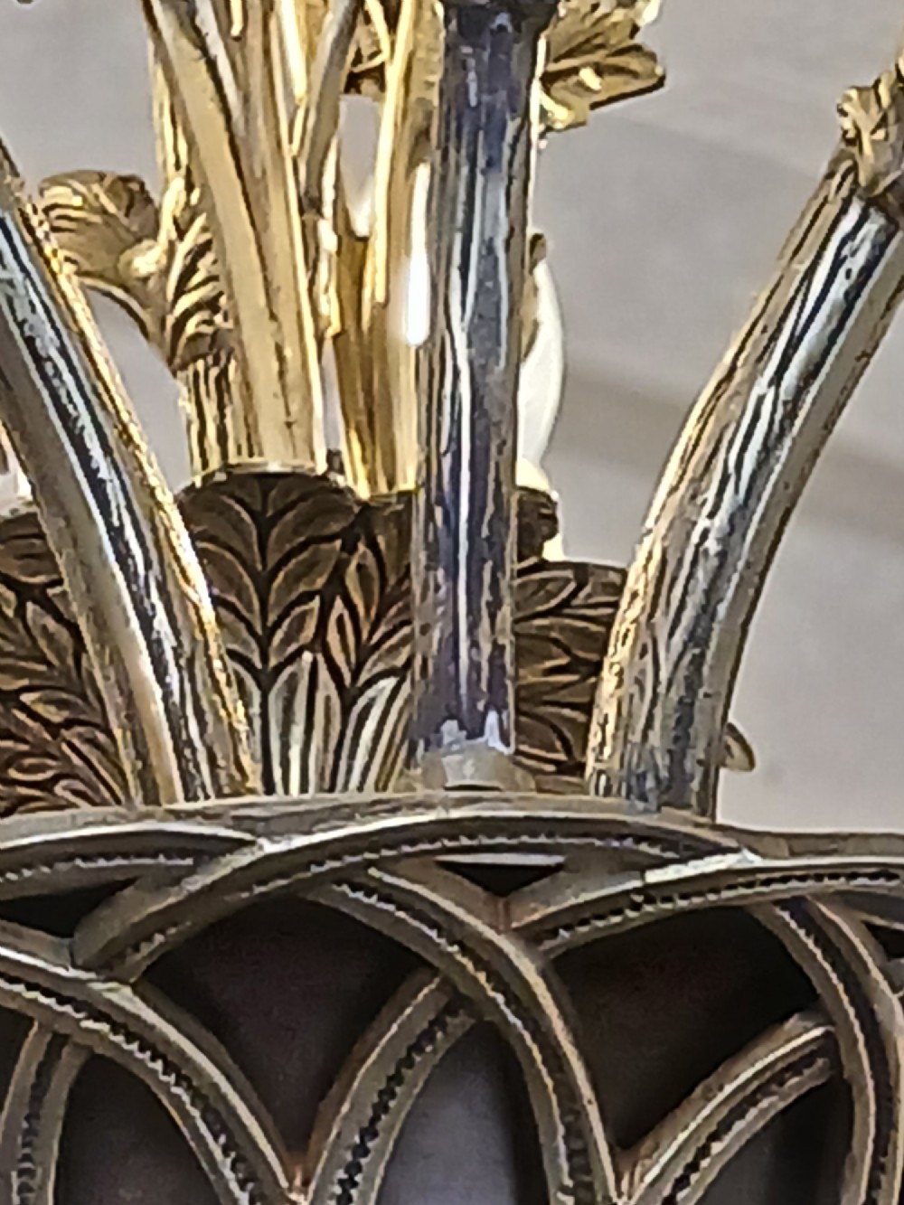 A French gilt bronze chandelier featuring leaf and floral motifs arranged in a basket form with candle bulb sockets. View XIII