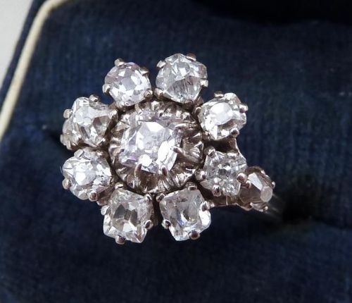 fig 1. Stunning edwardian 18ct white gold 1.64ct cushion cut diamond daisy cluster ring