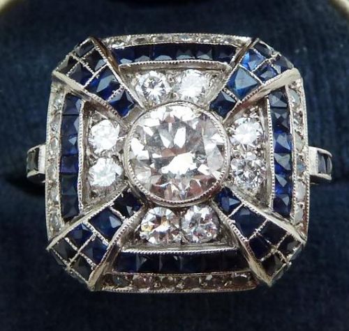 Stunning Art Deco 1.75ct Diamond and 1.75ct Sapphire Platinum Cluster Ring