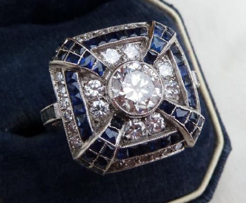 fig 1. Stunning art deco 1.75ct diamond and 1.75ct sapphire platinum cluster ring