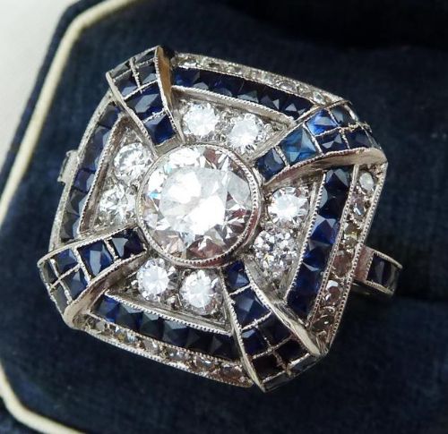 fig 2. Stunning art deco 1.75ct diamond and 1.75ct sapphire platinum cluster ring