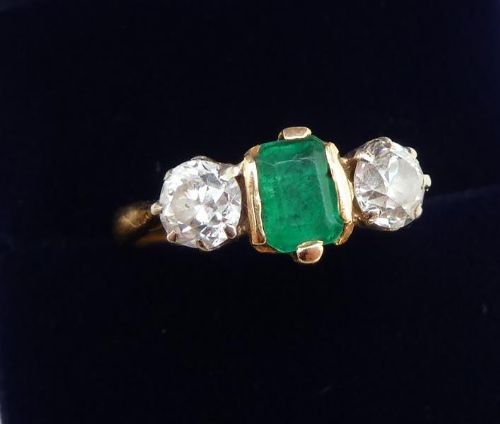 fig 1. Stunning art deco 18ct gold and white gold emerald and diamond three stone trilogy antique ring