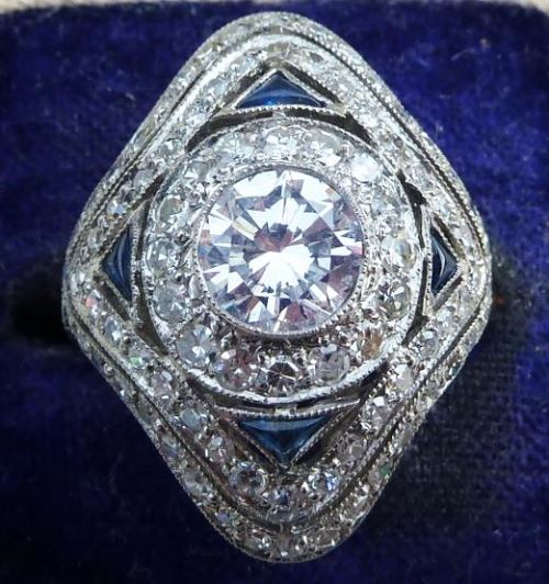 Stunning Art Deco 2.12ct Diamond and Sapphire Platinum Cluster Antique Ring