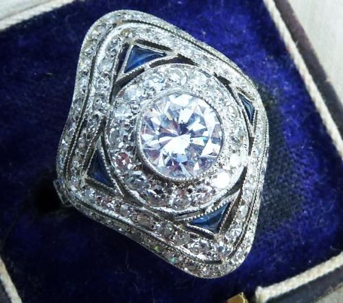 fig 1. Stunning art deco 2.12ct diamond and sapphire platinum cluster antique ring