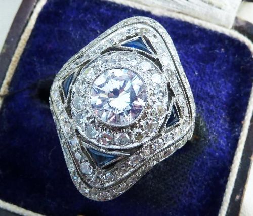 fig 2. Stunning art deco 2.12ct diamond and sapphire platinum cluster antique ring