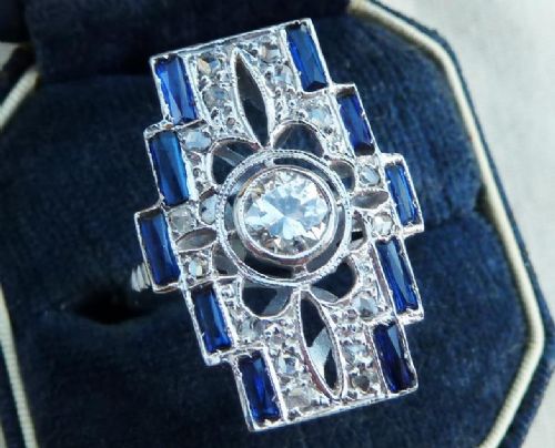 fig 1. Gorgeous 18ct white gold art deco 0.75ct diamond and sapphire elongated vintage antique ring