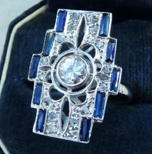 fig 2. Gorgeous 18ct white gold art deco 0.75ct diamond and sapphire elongated vintage antique ring
