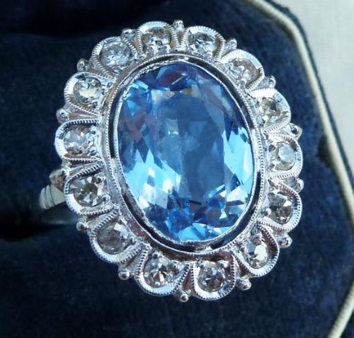 fig 1. Gorgeous art deco platinum 4ct oval cut aquamarine and diamond cluster vintage antique ring