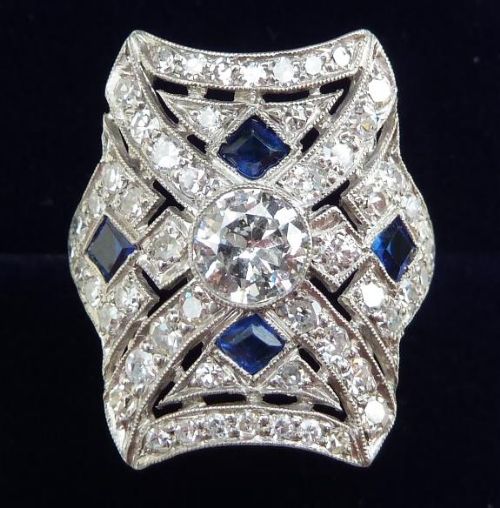 Fabulous Platinum Art Deco Sapphire and 1.85ct Diamond Cluster Vintage Antique Ring