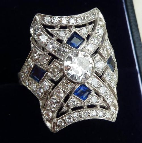 fig 1. Fabulous platinum art deco Sapphire and 1.85ct Diamond cluster vintage antique ring